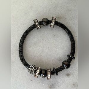 Black Stainless Steel Mesh Bracelet with Silver Crystal Donut Beads